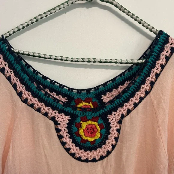 Beach By Exist Peach Embroidered Tunic with Multicolor Crochet Trim - Picture 2 of 5